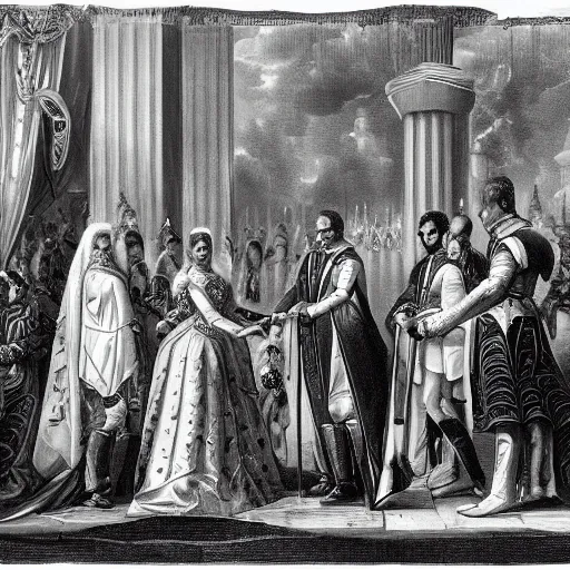 Prompt: Black and White photo of a Royal Procession, the Queen holding hands with the Devil, 4k, highly detailed, 1852