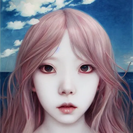 Image similar to young vampire Portrait by Miho Hirano, manga, realistic, detailed, white, light pink tonalities, beautiful collage technique including clouds, sea, wind, ornate sea background, beautiful Fantasy detailed trending on artstation, oil painting,Dramatic lighting, eterea , high quality print, fine art with subtle redshift rendering