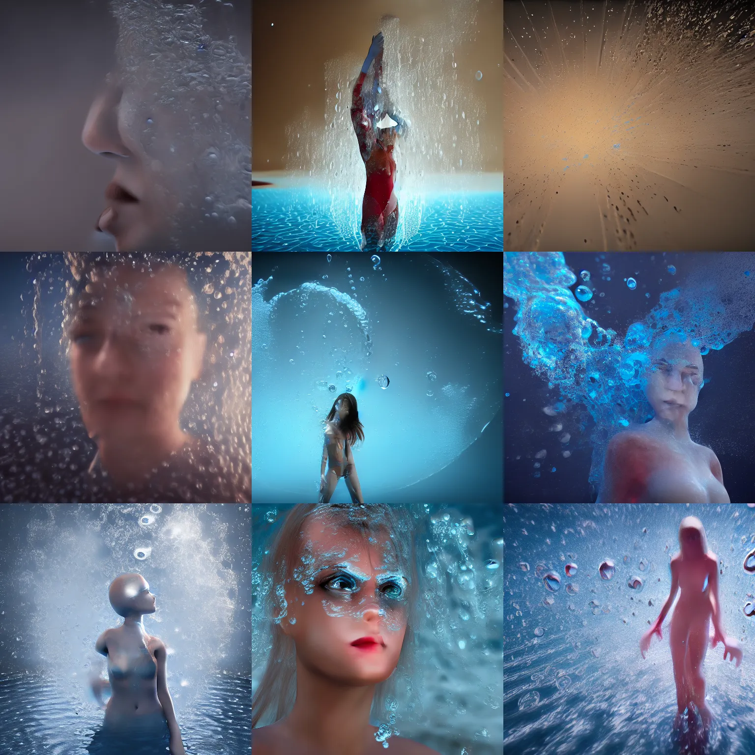 Prompt: abstract art with water bubbles, forming a girl from water. Unreal engine, cinematic, 8K,