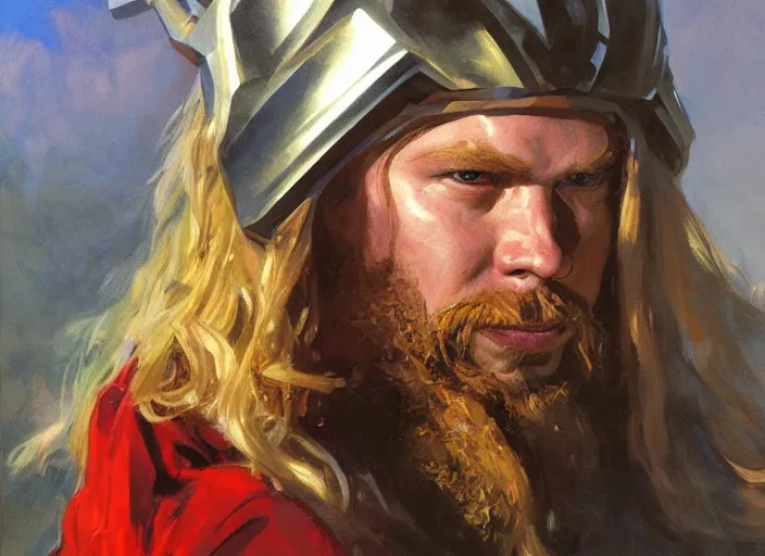 Image similar to a highly detailed beautiful portrait of thor, by gregory manchess, james gurney, james jean