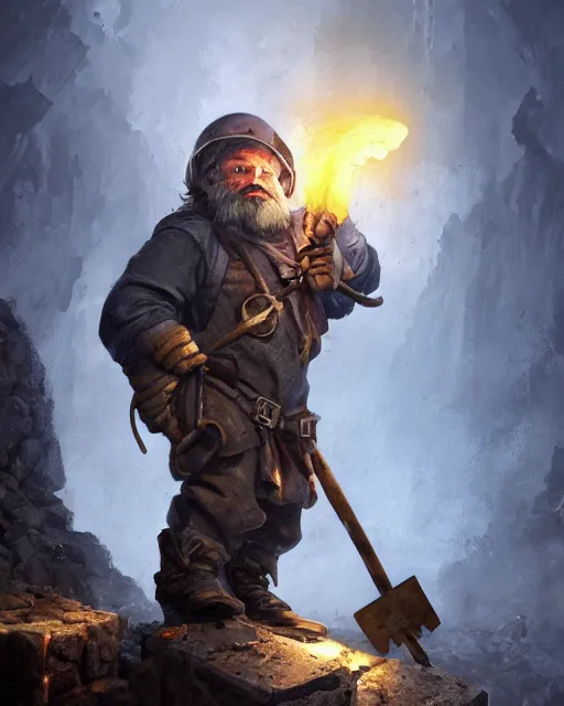 Image similar to oil painting of dwarf miner mining gold with pickaxe, close shot, full body, dark steampunk mine shaft background, sharp focus, fantasy style, octane render, volumetric lighting, 8k high definition, by greg rutkowski, highly detailed, trending on art Station, dungeons and dragons artwork, centered