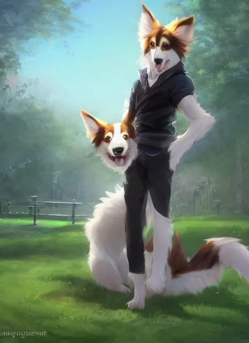 Prompt: wide angle beautiful full body portrait of a cute male anthropomorphic anthro border collie fursona in a park, character design by charlie bowater, henry asencio, and ross tran, disney, anime, scenic background, detailed, glamor pose, aesthetic, trending on artstation, furaffinity, deviantart