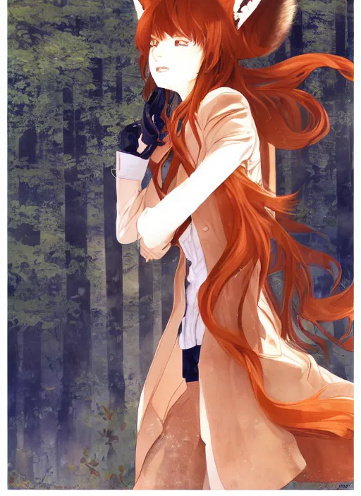 Image similar to girl with fox ears, tired eyes, long wavy orange hair, light brown trenchcoat, forest background, focus on face, pretty, moody lighting, painterly, illustration by shigenori soejima, by tatsuki fujimoto, by yoji shinakawa