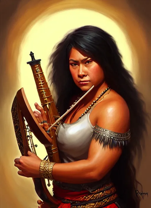 Prompt: a _ fantasy _ style _ portrait _ painting _ of samoan female charismatic bard playing instrument, rpg dnd oil _ painting _ unreal _ 5 _ daz. _ rpg _ portrait _ extremely _ detailed _ artgerm _ greg _ rutkowski _ greg