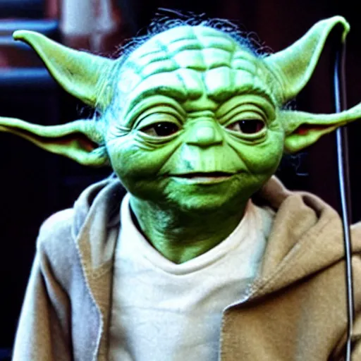 Image similar to yoda dressed as a rapper in the inner city