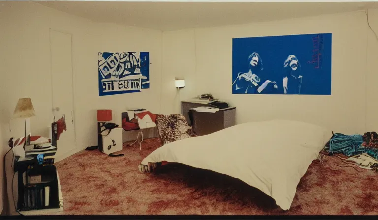 Image similar to A bedroom designed by Raymond Pettibon, 35mm film, long shot