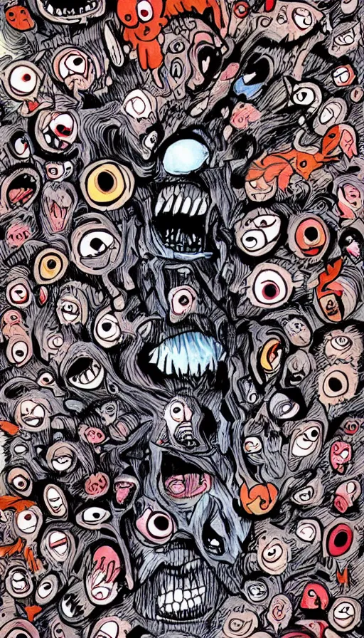 Prompt: a storm vortex made of many demonic eyes and teeth, by rebecca sugar