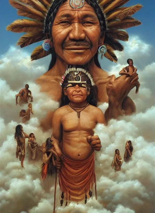 Image similar to faces of indigenous amazonian grandfathers and grandmothers spirits in the clouds, smiling, protection, benevolence, ancestors, detailed faces, art by christophe vacher