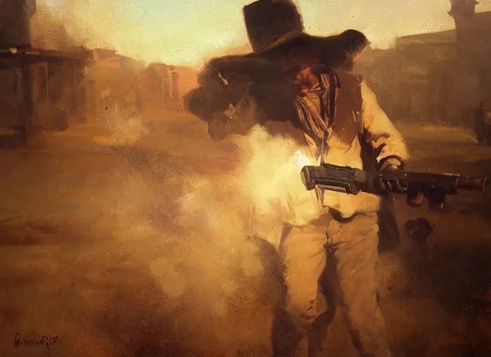 Prompt: oil painting of old rugged cowboy in wild west street aiming his gun, shooting revolver, shoot gun, gun smoke, art by anders zorn, wonderful masterpiece by greg rutkowski, beautiful cinematic light, american romanticism by greg manchess, reflections in copper, sunlight, dust and steam