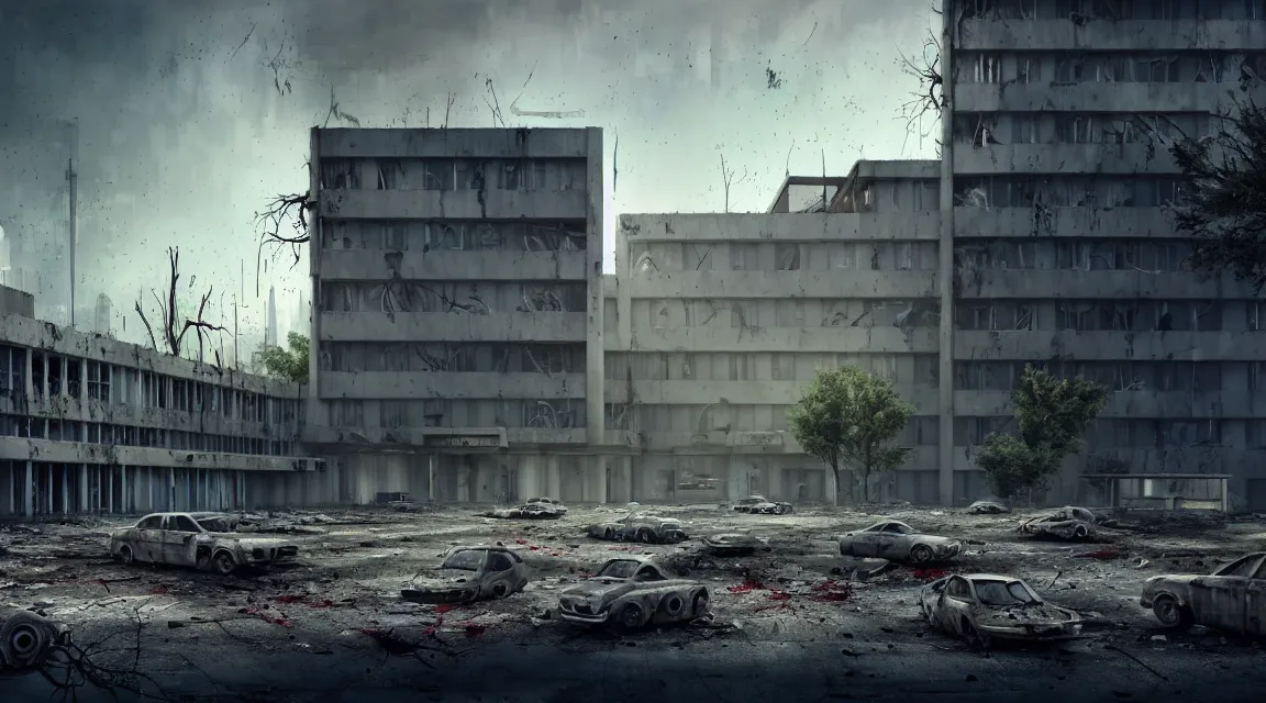 Image similar to post apocalyptic hospital building, grey aliens standing, morning, building, avenue, modern contemporary urban americana concrete architecture, by pascal blanche, neil blevins, apocalyptic color palette, trending on artstation, photorealistic, wilderness ambiance, ultra detailed, high definition, depth of field, bokeh, rubble, wild vegetation, blood stains, building crumbling