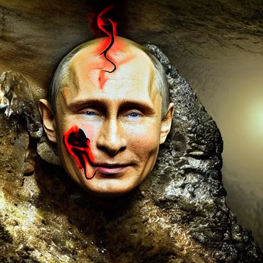 Prompt: photo inside a cavern of a wet reptilian humanoid putin with red eyes, open mouth with big teeth, partially hidden behind a rock with some blingblings