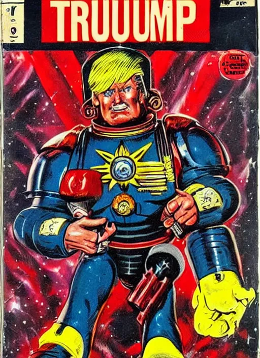 Image similar to vintage comic book cover of donald trump as a space marine from warhammer 4 k