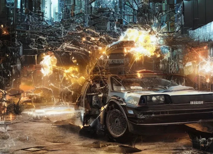 Image similar to a cyberpunk delorean breaking the space - time continuum, energy and time particles, dramatic framing, movie footage, 8 k