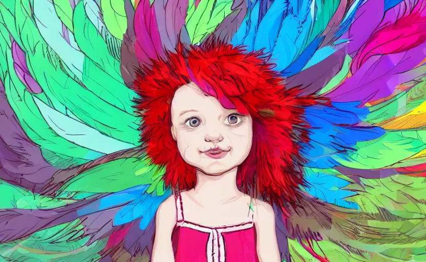 Image similar to little girl with eccentric red hair wearing a dress made of colorful feathers, cartoon art style