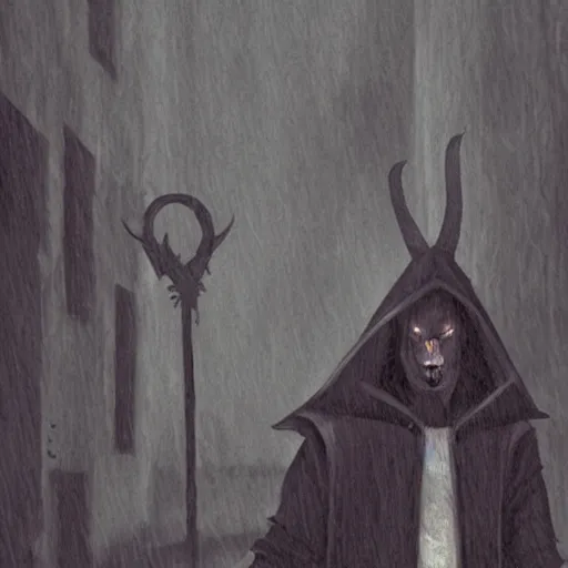 Prompt: A demonic goat man wearing a hood leaning on a wall in a dark alleyway during a rainstorm, art by Trevor Henderson