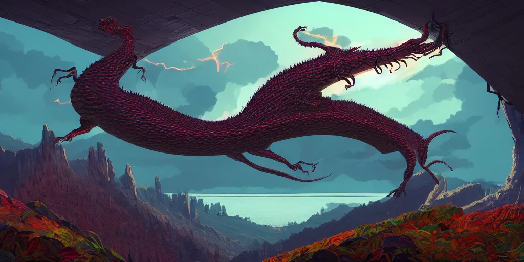 Image similar to roko's basilisk, by Naomi Okubo, landscape, dramatic lighting, high contrast colors, panoramic view, as trending on Artstation,