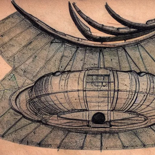 Image similar to vintage, detailed, colored sketch of ufo construction, all parts, with full descriptions, on parchment, by leonardo davinci!