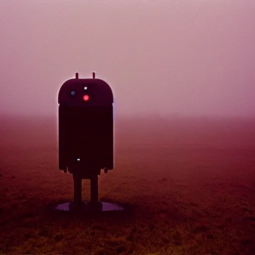 Image similar to the liminal observer droid by dennis mejillones, in a brutalist yet rural landscape by simon stalenhag, 3 5 mm film photography, dawn, eerie fog