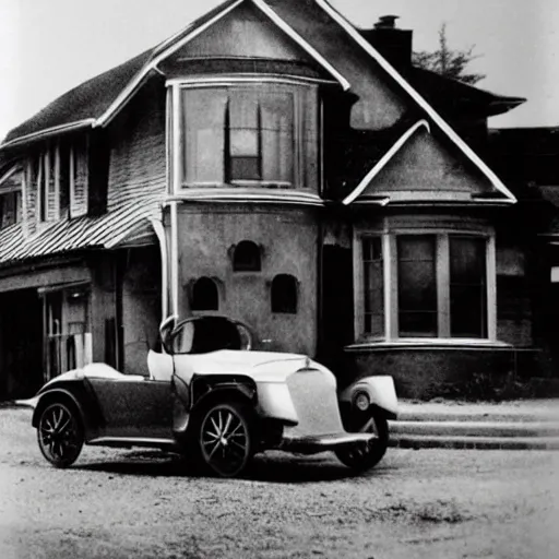 Image similar to an oldie car with turbine, cyber punk, house in background, detailed, award winning, masterpiece, photograph, cinematic, black-white retro photo 1910