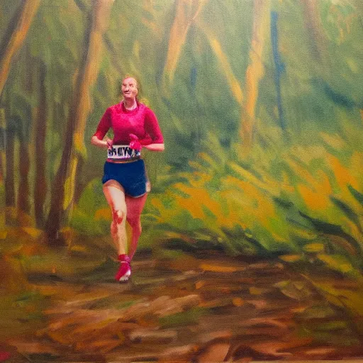 Prompt: a female orienteer runs in the forest, oil on canvas.