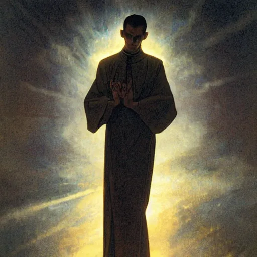 Image similar to Close up of a young, thin and stern catholic priest in his thirties fervently praying as he is about to die from the ominous terrifying Lovecraftian yellow shadow descending upon him from the night sky. Low angle, dramatic lighting. Art by Greg Rutkowski and Alphonse Mucha