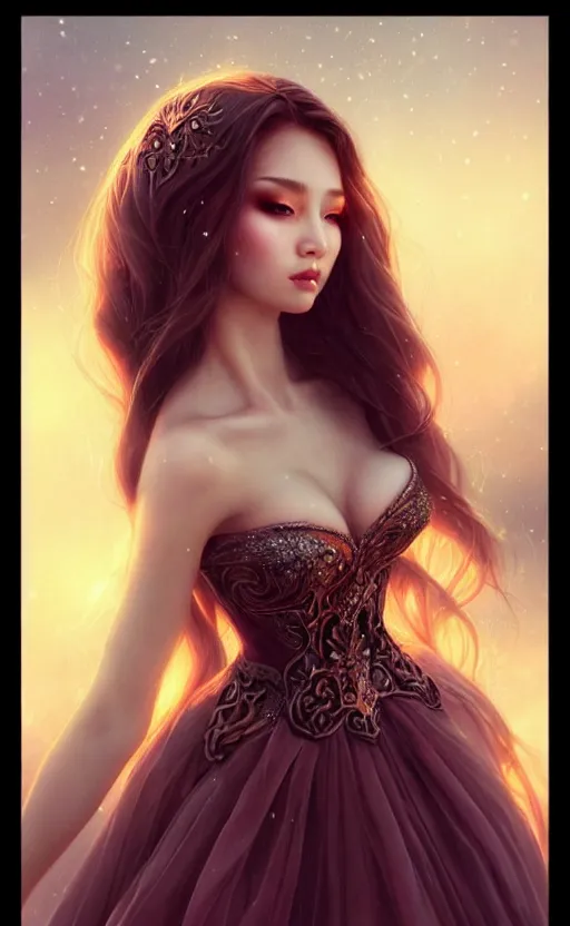 Image similar to a fantasy photo of gorgeous russian female, evening gown, bokeh, medium shot, beautiful face, professionally retouched, soft lighting, realistic, smooth face, perfect eyes, sharp focus, 8 k realistic high definition, insanely detailed, intricate, elegant, art by artgerm and kyoung hwan kim