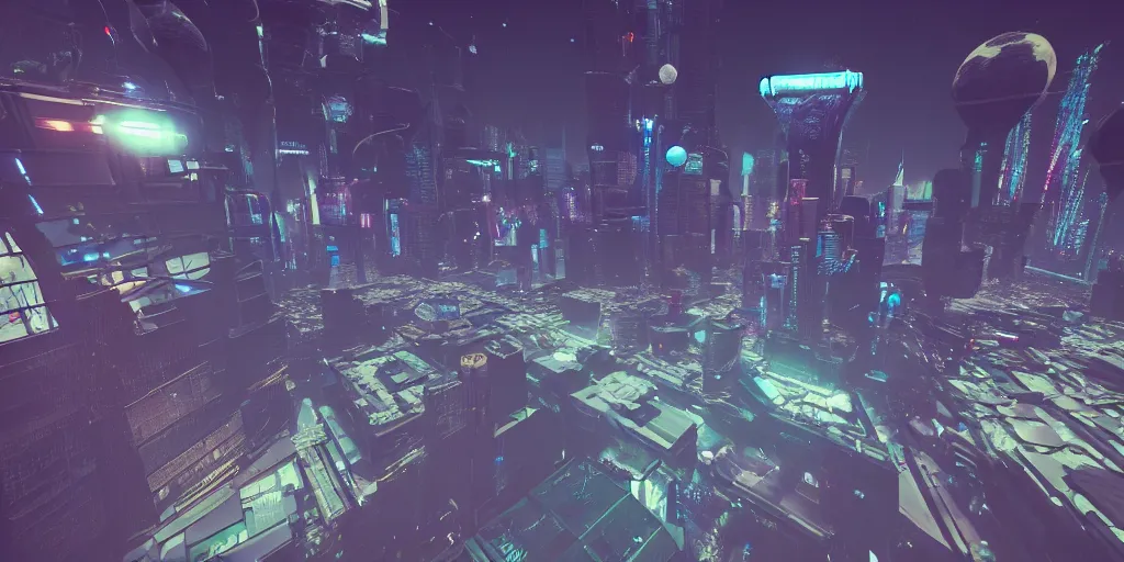 Prompt: a cyberpunk city in zero gravity with objects and debris flying around ultrarealism