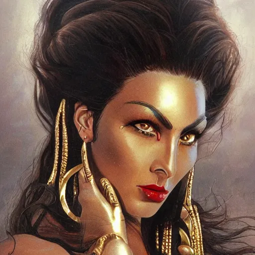 Prompt: detailed oil portrait of tall hyper - muscular shining bronze - skinned warrior woman with silver eyes, full body, with long wavy flowing black hair and big gold earrings, jewelry, red lipstick, makeup, feminine, volumetric lighting, dynamic composition, art by boris vallejo, scifi, concept art