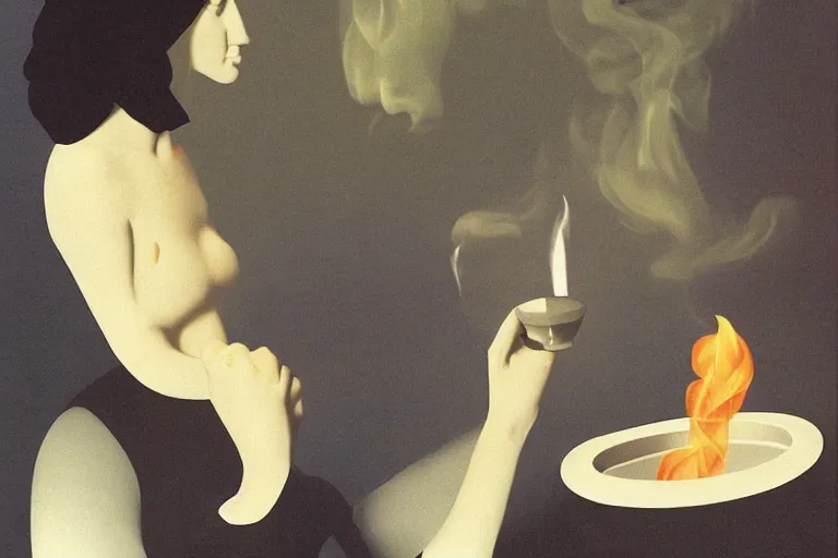 Image similar to a lit joint lying in an ashtray, slow, smoke in the shape of a woman's face, surreal, magritte