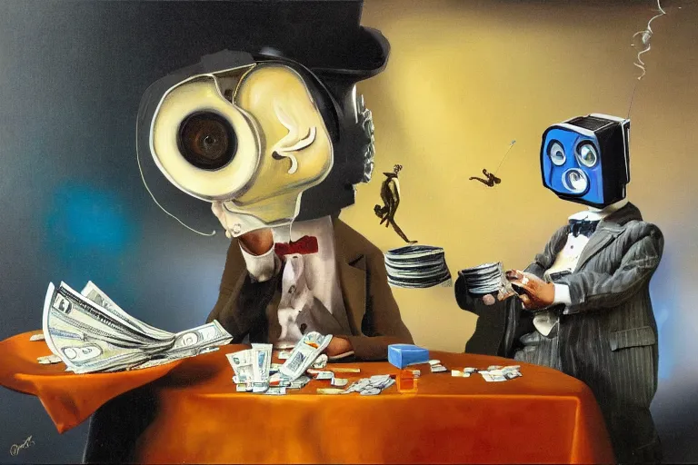 Prompt: Salvador Dali and WALL-E smoking cigars, counting money and holding keys, oil on canvas, artstation, portrait, masterpiece, aesthetic