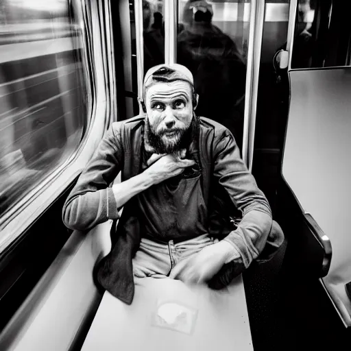 Prompt: a very confused and scared man riding a train for the first time, 8 5 mm shot