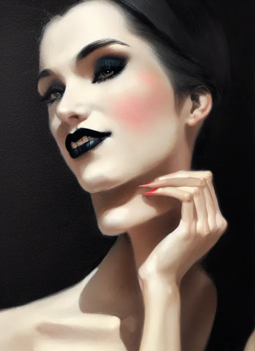 Image similar to portrait of a woman with a broad nose and a confident expression, 1 9 6 0 s, black clothes, goth, punk, funk, intricate, elegant, highly detailed, digital painting, artstation, concept art, smooth, sharp focus, illustration, art by wlop, mars ravelo and greg rutkowski