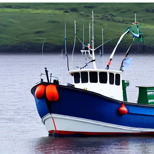 Prompt: uk registered fishing trawler, fishing boat, commercial fishing