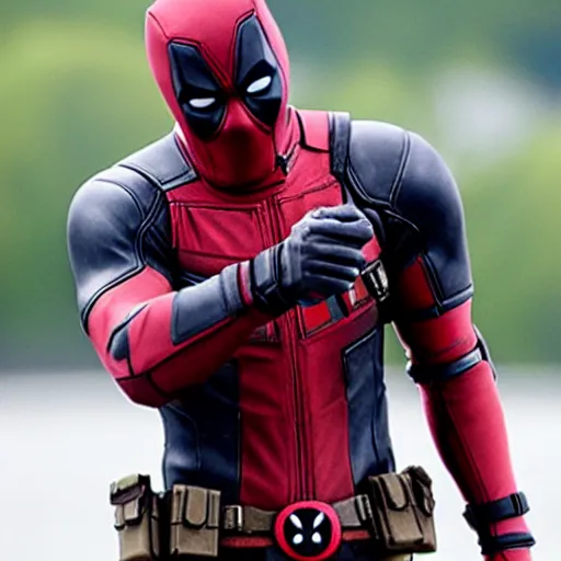 Image similar to candid photo of deadpool filming a camera man, 4 k