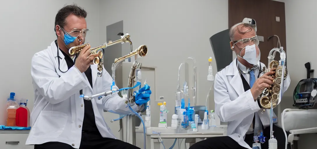 Image similar to doctor playing saxophone made out of clear tubing, syringes, urine collection bag, iv pole, fluid bag, nebulizer equipment, bag - valve mask, defibrillator, coban