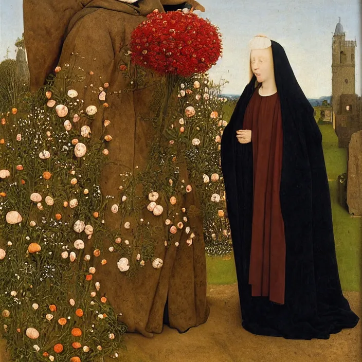 Prompt: a woman wearing a hooded cloak made of flowers, standing next to a man made of stone, by Jan van Eyck