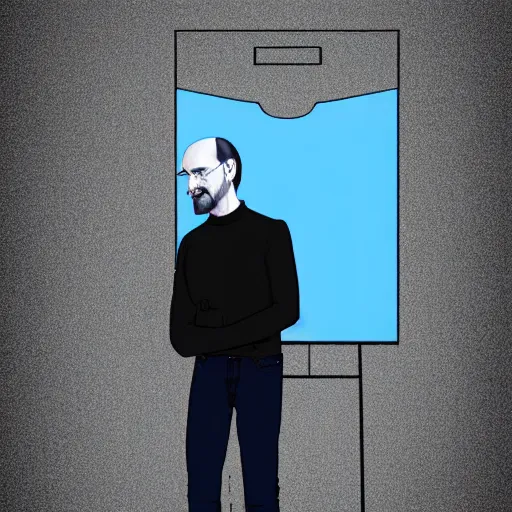 Prompt: Steve Jobs as an anthropomorphic wolf, wearing a black turtleneck and blue jeans, standing on a deep blue presentation stage, digital art