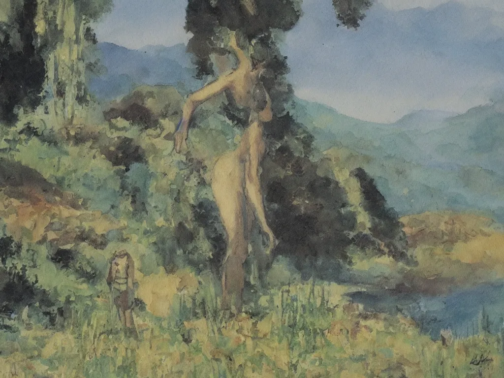 Image similar to figure with scenery. painting by rudolf hausner