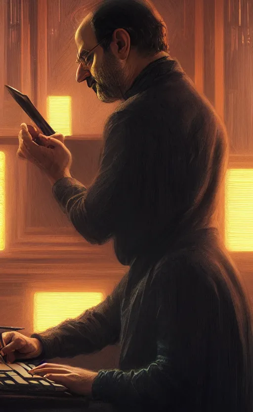 Image similar to portrait of salman rushdie writing in the dark, deep focus, blade runner 2 0 4 9, fantasy, intricate, elegant, highly detailed, digital painting, artstation, concept art, matte, sharp focus, illustration, art by artgerm and greg rutkowski and alphonse mucha