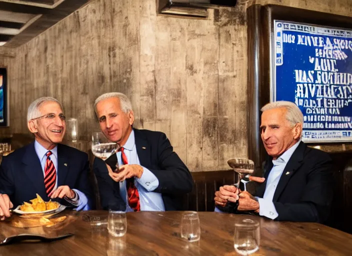 Image similar to Anthony Fauci, Joe Biden, Jeffrey Epstein, Bull gates, having dinner at a Dive bar restaurant, award winning cinematic photography, 50 mm, blurred background, trending on twitter