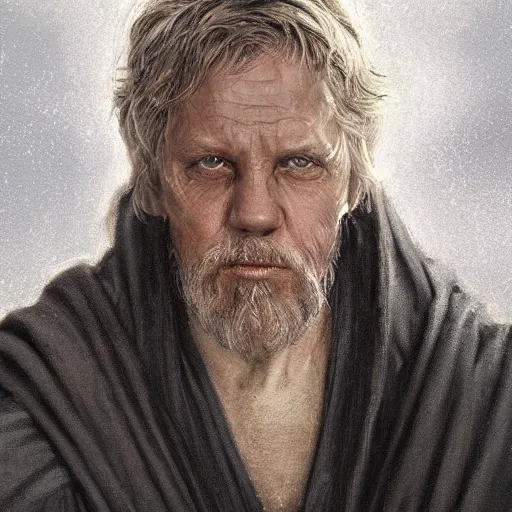 Image similar to portrait of a man by Greg Rutkowski, old jedi Master Luke Skywalker from Star Wars Expanded Universe, he is about 60 years old, wearing black robes, highly detailed portrait, digital painting, artstation, concept art, smooth, sharp foccus ilustration, Artstation HQ