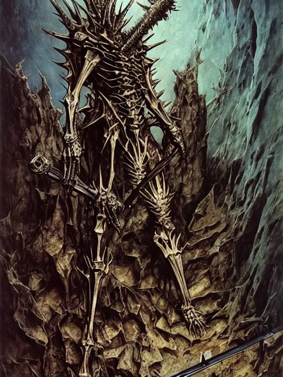 Prompt: A spiky horned skeleton with armored joints stands in a large cave with a huge weapon. Extremely high detail, realistic, fantasy art, solo, masterpiece, saturated colors, bones, tangled, ripped flesh, art by Zdzisław Beksiński, Arthur Rackham, Dariusz Zawadzki