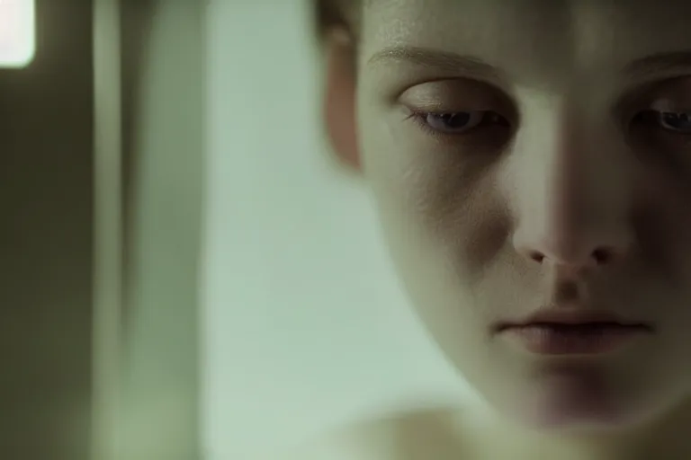 Image similar to an ultra realistic, cinematic, close up portrait, of a young woman, soft light, dreamy, facial features, stood in a cell, with prison clothing, detailed, deep focus, movie still, dramatic lighting, ray tracing, by michal karcz and yoshitaka and david cronenberg