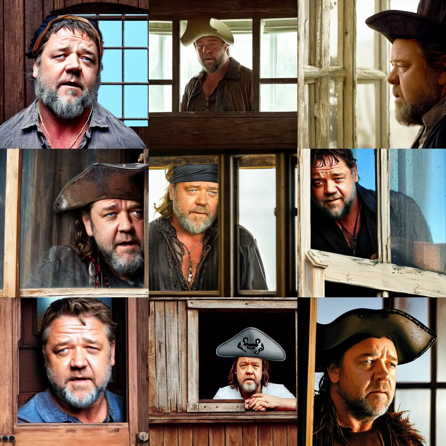 Prompt: russell crowe wearing a too wide silly pirate hat behind a dirty window and wooden wall staring out