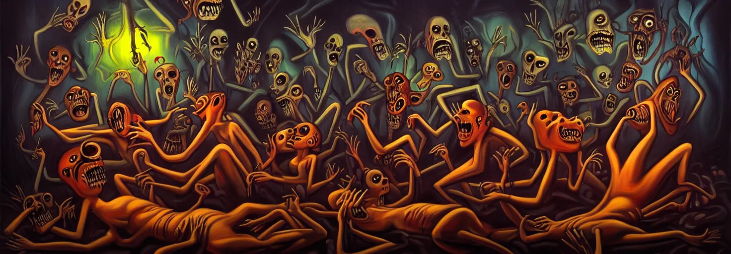 Image similar to visceral freaky obsessive monsters from the darkest depths of collective unconscious, dramatic glowing lighting, 1 9 3 0 s fleischer cartoon characters, wild emotional expressions - surreal painting by ronny khalil