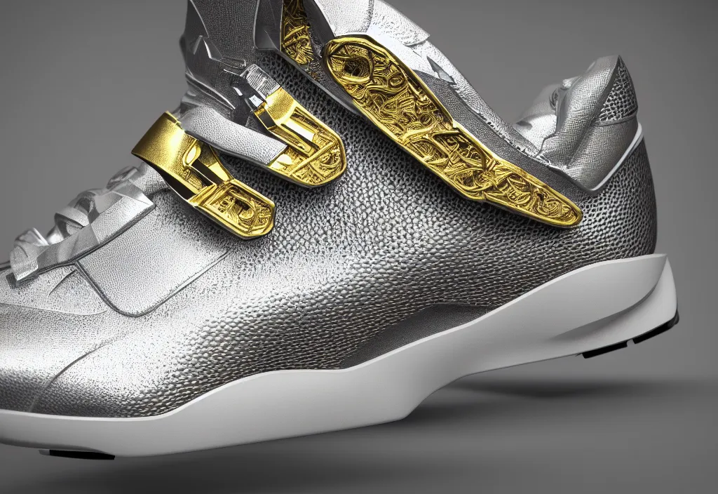 Image similar to realistic 3 d render of a futuristic sneaker, beautiful studio lighting, soft, sharp focus, neon glowing lines, intricate detail, gold and silver leather, soft white rubber, shiny plastic, black hexagon mesh, black filigree, octane render, side view, close up, trending on artstation, deviantart, nike, reebok, salomon