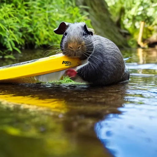 Image similar to a guinea pig paddling a yellow kayak on a small stream