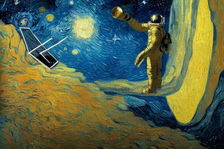 Prompt: an astronaut in a pool from Jupiter, beautiful, national geographic, very detailed, astrophotography, oil painting, canvas, Vincent van Gogh, Caspar David Friedrich, Albert Bierstadt