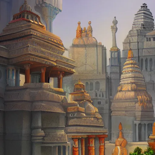 Image similar to hindu influenced architecural painting of a hidden city with a huge statue in the middle, artstation