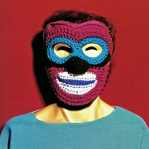 Image similar to multicolored crocheted mask, 1 9 8 0 s catalogue photo